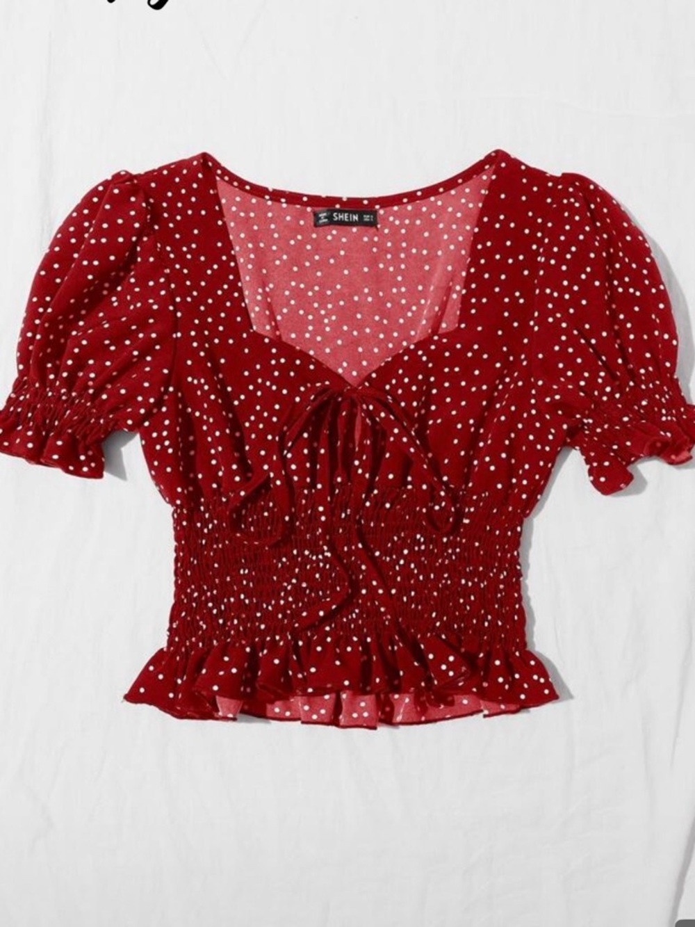 SHEIN Tie Front Frill Trim Shirred Polka Dot Smocked Puff Sleeve Top